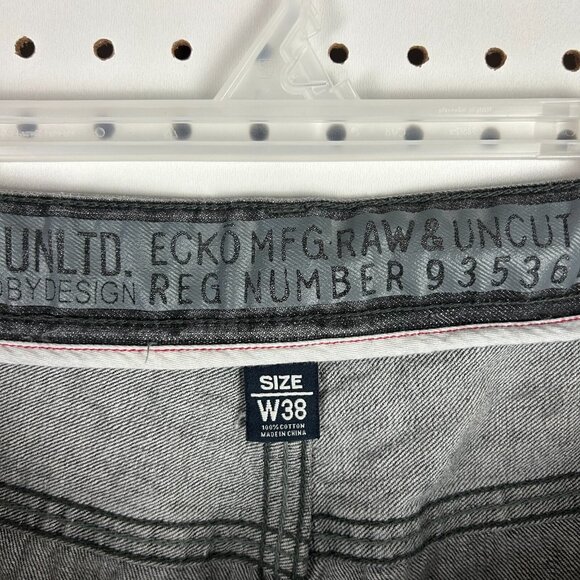 Ecko Unltd Black Gothic Jean Shorts Y2K Size 38 Stitched Gray Wide Leg‎ Skater - Picture 7 of 8